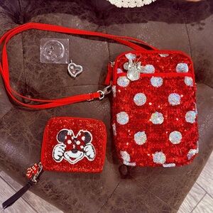 Disney Red and White Sequin Kids Bag Set with Floating Heart Locket with charms.